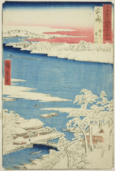 Province de Musashi : Matin après la neige sur la rivière Sumida (Musashi, Sumidagawa yuki no ashita), de la série "Lieux célèbres des soixante provinces (Rokujuyoshu meisho zue)" - Utagawa Hiroshige