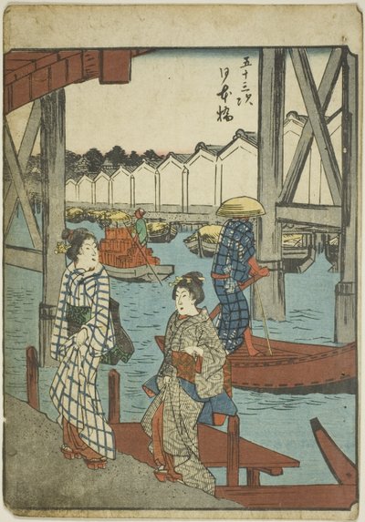 Pont Nihon (Nihonbashi), de la série "Les Cinquante-trois Stations [du Tokaido] (Gojusan tsugi)," également connu sous le nom de Tokaido des Figures (Jinbutsu Tokaido) - Utagawa Hiroshige