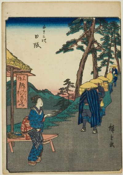 Nissaka, de la série "Les cinquante-trois stations [du Tokaido] (Gojusan tsugi)," également connue sous le nom de Figure Tokaido (Jinbutsu Tokaido) - Utagawa Hiroshige