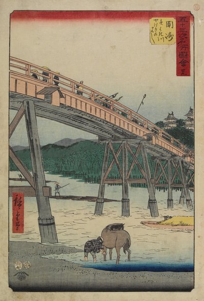 No.39 Pont Yahagi sur la rivière Yahagi, Okazaki, juillet 1855 - Utagawa Hiroshige