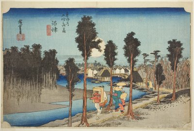 Numazu : Crépuscule (Numazu, tasogare zu), de la série "Les cinquante-trois stations de la route du Tokaido (Tokaido gojusan tsugi no uchi)", également connue sous le nom de Hoeido Tokaido - Utagawa Hiroshige