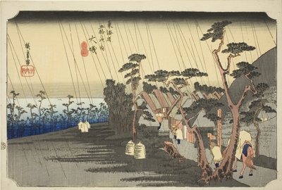 Oiso : La pluie de Tora (Oiso, Tora ga ame), de la série "Cinquante-trois stations de la route du Tokaïdo (Tokaïdo gojusan tsugi no uchi)", également connue sous le nom de Hoeido Tokaïdo. - Utagawa Hiroshige