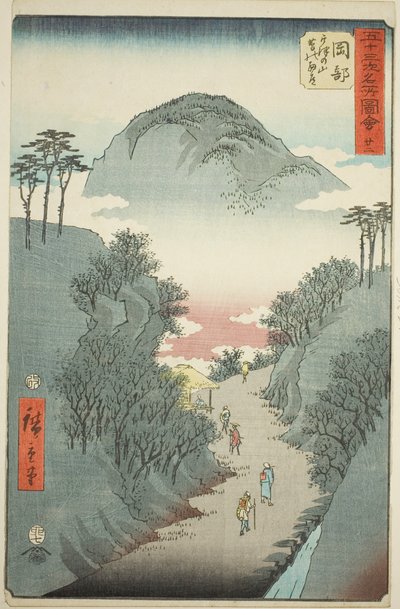 Okabe : Route étroite couverte de lierre au mont Utsu, n° 22 de la série "Sites célèbres des cinquante-trois stations" - Utagawa Hiroshige