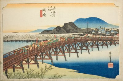 Okazaki : Pont Yahagi (Okazaki, Yahagi no hashi), de la série "Cinquante-trois Stations du Tokaido (Tokaido gojusan tsugi no uchi)", également connue sous le nom de Hoeido Tokaido - Utagawa Hiroshige