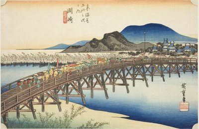 Okazaki : Pont Yahagi (Okazaki, Yahagi no hashi), de la série "Les cinquante-trois stations du Tokaido (Tokaido gojusan tsugi no uchi)", également connue sous le nom de Hoeido Tokaido - Utagawa Hiroshige