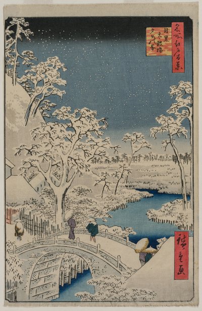 Image du crépuscule au pont du tambour à Meguro, de la série 100 Vues de lieux célèbres à Edo - Utagawa Hiroshige