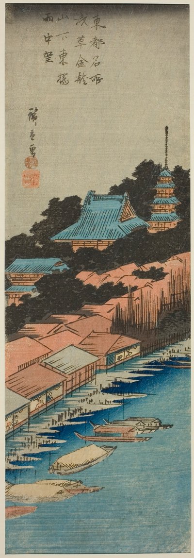 Pluie au pont Azuma sous le temple Kinryuzan à Asakusa, de la série "Vues célèbres de la capitale orientale" - Utagawa Hiroshige