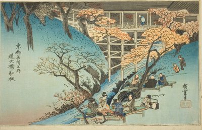 Érables rouges au pont Tsuten, de la série "Lieux célèbres de Kyoto" - Utagawa Hiroshige