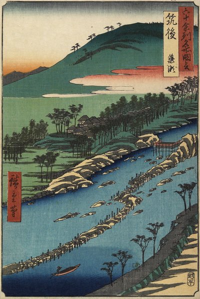 Rivière avec pièges à poissons, province de Chikugo, septembre 1855 - Utagawa Hiroshige