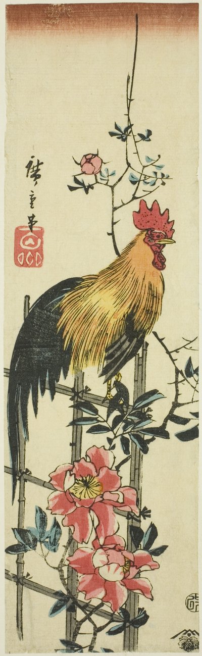 Coq perché sur une treille de roses - Utagawa Hiroshige