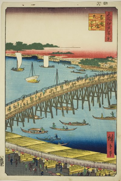 Pont de Ryogoku et la grande berge (Ryogokubashi Okawabata), de la série "Cent vues célèbres d