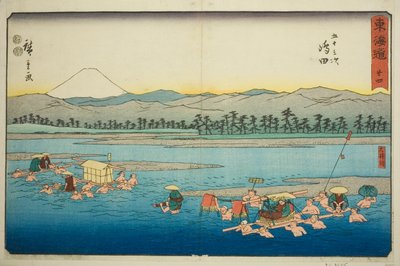 Shimada: La Rivière Oi (Shimada, Oigawa)—No. 24, de la série "Les Cinquante-trois Stations du Tokaido (Tokaido gojusan tsugi)," également connue sous le nom de Tokaido Reisho - Utagawa Hiroshige