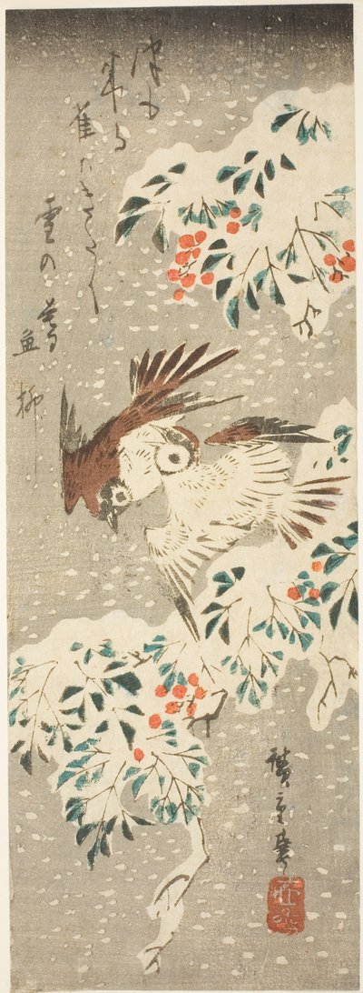 Moineaux voletant autour de nandina couverte de neige alors que plus de neige tombe - Utagawa Hiroshige