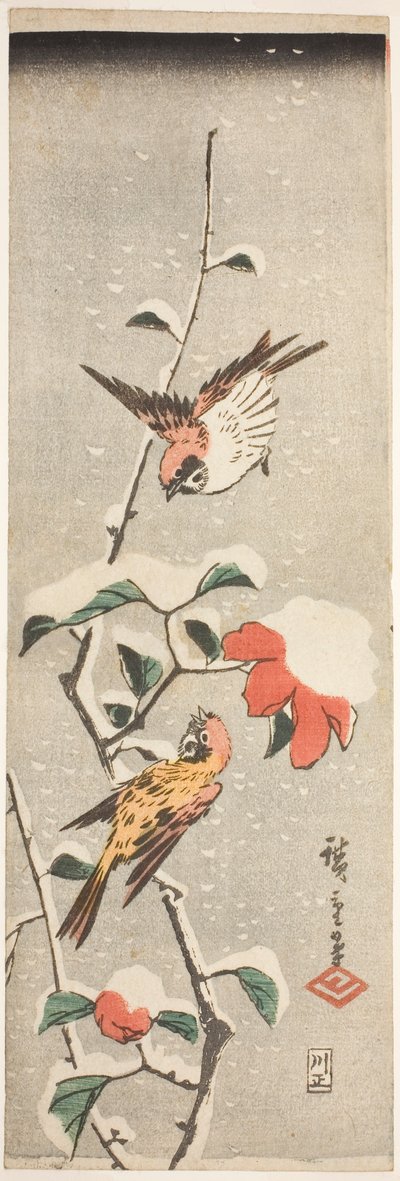 Moineaux et camélia dans la neige - Utagawa Hiroshige