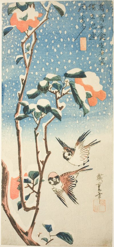Moineaux et camélia dans la neige - Utagawa Hiroshige
