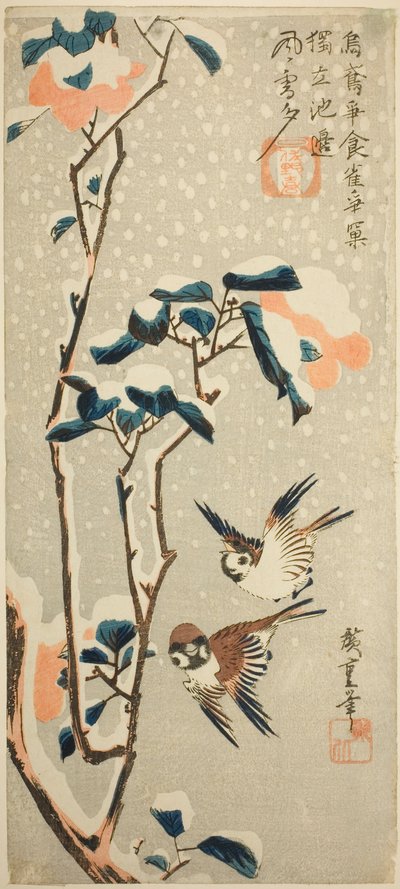Moineaux et camélia dans la neige - Utagawa Hiroshige