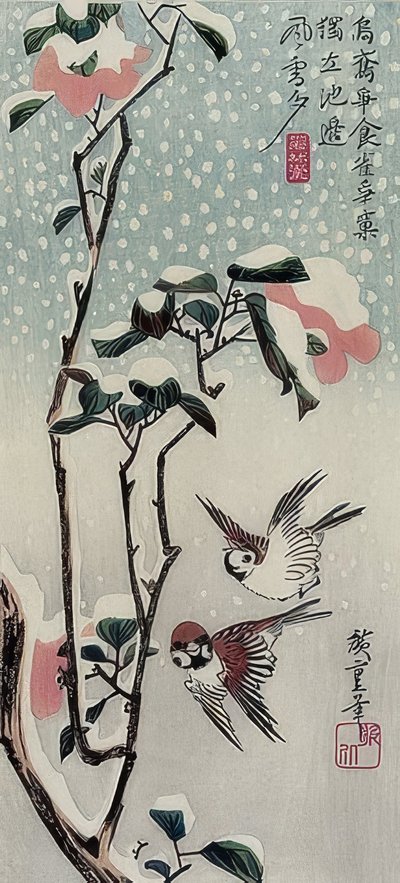 Moineaux et camélias dans la neige - Utagawa Hiroshige