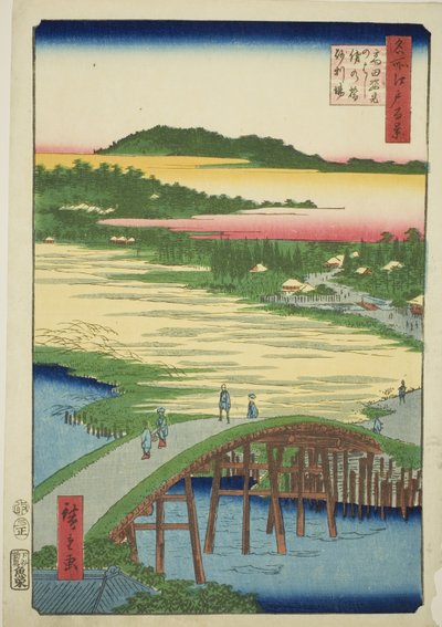 Pont Sugatami, Pont Omokage et la carrière de gravier à Takata (Takata Sugataminohashi Omokagenohashi jariba), de la série "Cent vues célèbres d