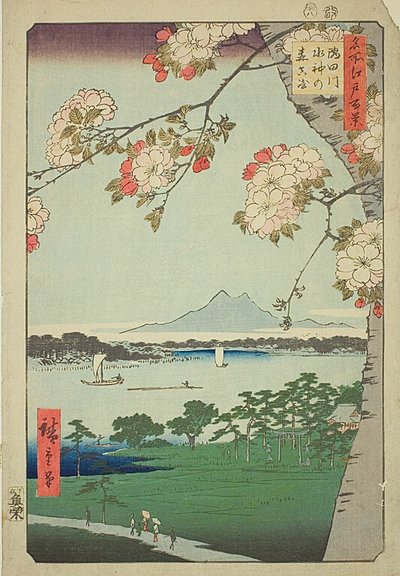 Sanctuaire de Suijin et Massaki sur la rivière Sumida (Sumidagawa Suijin no mori Massaki), n° 35 de la série "Cent vues célèbres d