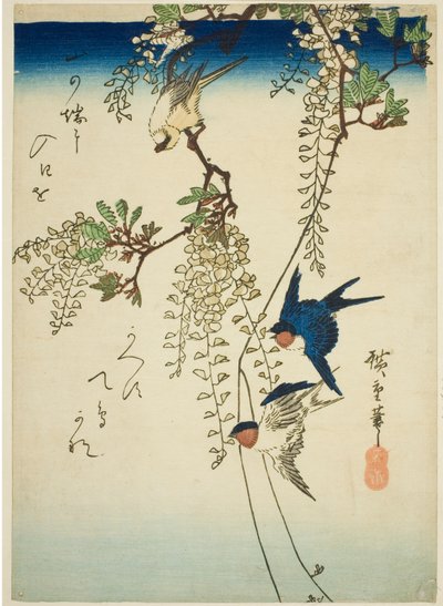 Hirondelle, oiseau jaune et glycine - Utagawa Hiroshige