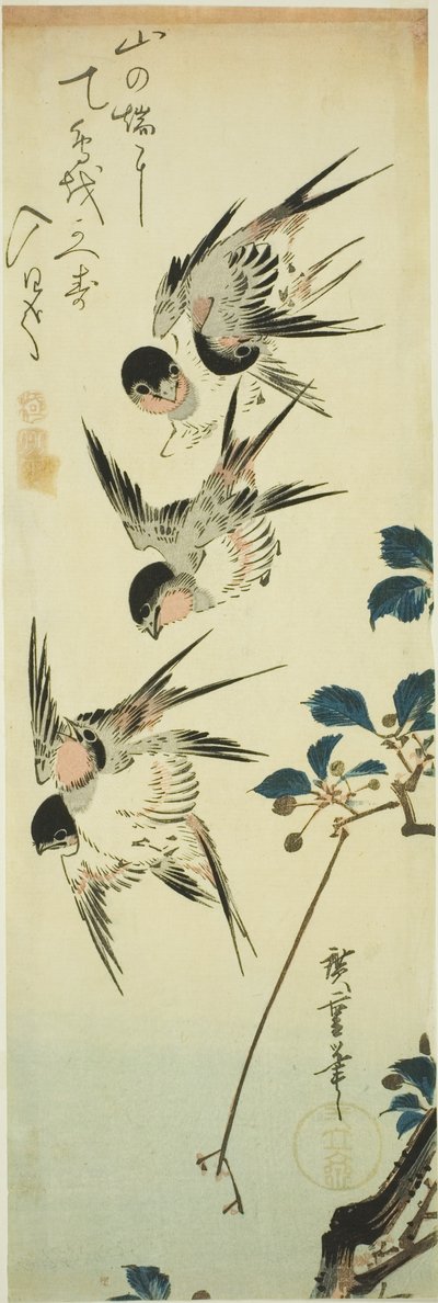 Hirondelles et branche fleurie - Utagawa Hiroshige