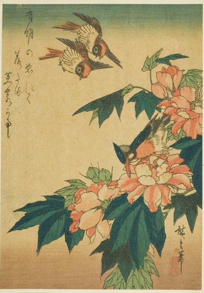 Hirondelles, martin-pêcheur et hibiscus - Utagawa Hiroshige