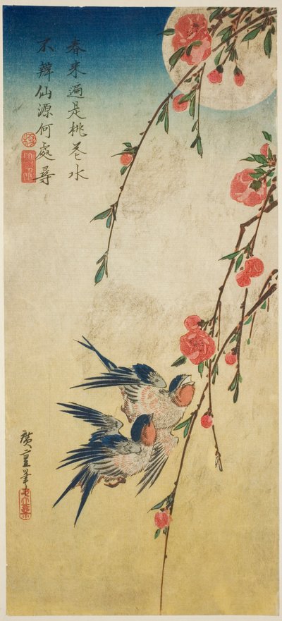 Hirondelles, fleurs de pêcher et pleine lune - Utagawa Hiroshige