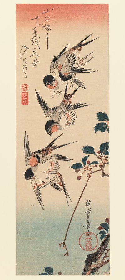 Tanzaku, quatre hirondelles, 1832 - Utagawa Hiroshige