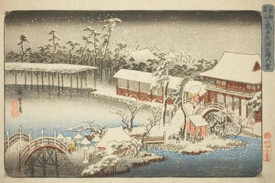 Le complexe du sanctuaire Tenman à Kameido sous la neige, de la série "Lieux célèbres de la capitale de l