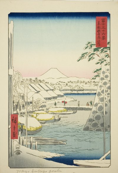 La rive à Sukiya dans la capitale orientale (Toto Sukiyagashi), de la série "Trente-six vues du mont Fuji (Fuji sanjurokkei)" - Utagawa Hiroshige