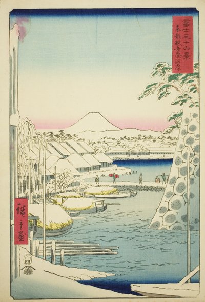 La rive à Sukiya dans la capitale orientale (Toto Sukiyagashi), de la série "Trente-six vues du mont Fuji (Fuji sanjurokkei)" - Utagawa Hiroshige