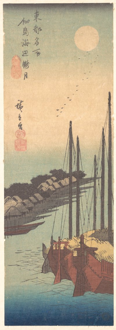 Tsukudajima Kaihin Rōgetsu - Utagawa Hiroshige