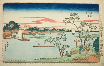 Vue des cerisiers feuillus le long de la rivière Sumida, de la série "Vues célèbres de la capitale orientale" - Utagawa Hiroshige