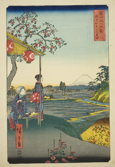 Vue du mont Fuji depuis une maison de thé à Zoshigaya (Zoshigaya Fujimi chaya), de la série "Trente-six vues du mont Fuji (Fuji sanjurokkei)" - Utagawa Hiroshige