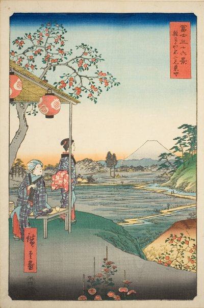 Vue du mont Fuji depuis une maison de thé à Zoshigaya (Zoshigaya Fujimi chaya), de la série "Trente-six vues du mont Fuji (Fuji sanjurokkei)" - Utagawa Hiroshige