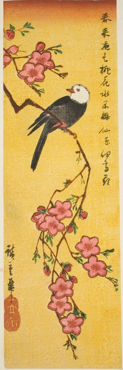 Oiseau à tête blanche sur une branche de pêcher - Utagawa Hiroshige