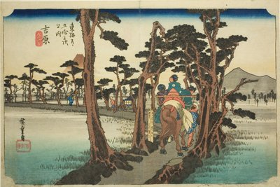 Yoshiwara : Mont Fuji à gauche (Yoshiwara, hidari Fuji), de la série "Les cinquante-trois stations de la route Tokaido (Tokaido gojusan tsugi no uchi)", également connue sous le nom de Hoeido Tokaido - Utagawa Hiroshige
