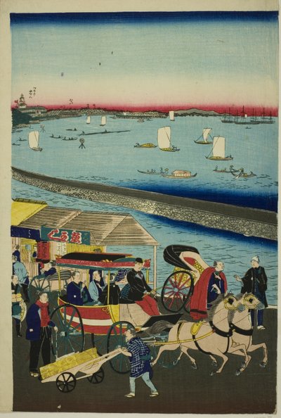 Image de la locomotive à vapeur à Yatsuyama, Tokyo (Tokyo Yatsuyama shita kaigan jokisha tetsudo no zu) - Utagawa Hiroshige III