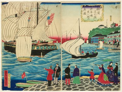 Vue réelle des bâtiments étrangers le long du front de mer vus des quais de Yokohama (Yokohama hatoba yori kaigandori ijinkan no shinzu) - Utagawa Hiroshige III