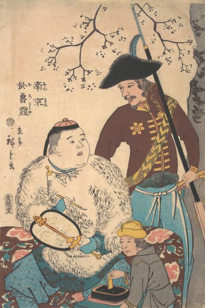 Russes et Chinois inscrivant un éventail, 12e mois, 1860 - Utagawa Hiroshige II