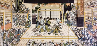 Représentation de théâtre kabuki à Edo, estampe ukiyo-e par Utagawa Kunimaru - Utagawa Kunimaru