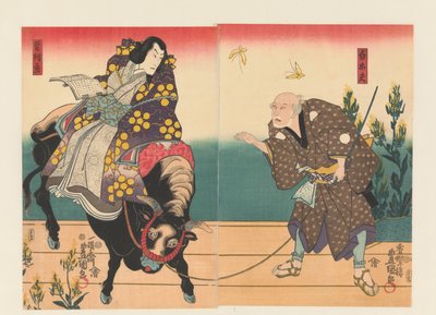 Paysans accompagnant un courtisan sur un bœuf noir - Utagawa Kunisada (I)