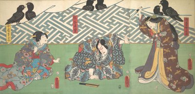 Trois acteurs sur scène : Kumagai Naozane, 1858 - Utagawa Kunisada