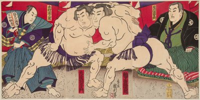 Combat des lutteurs de sumo Umegatani Rodachi et Kimura Shonosuke - Utagawa Kunitoshi