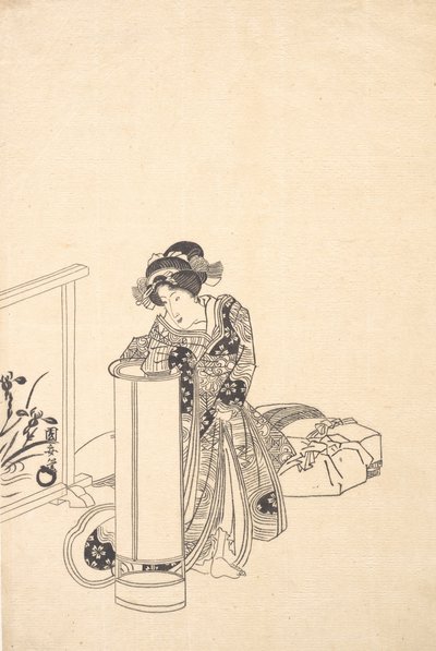 Jeune femme penchée sur une haute lampe - Utagawa Kuniyasu