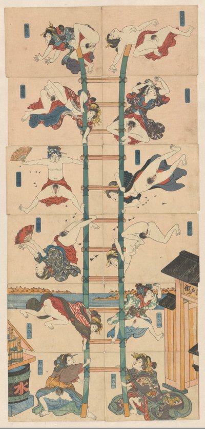 Série de douze koban Shunga avec des prostituées dans le rôle de pompiers acrobatiques - Utagawa Kuniyoshi (school of)