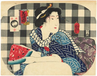 Une femme tenant une tranche de pastèque, de la série Marques célèbres de saké (Meishu zoroi) - Utagawa Kuniyoshi