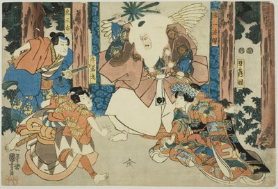 Acteurs en Ushiwakamaru, Kisanta, Kiichi Hogen et Minazuru-hime - Utagawa Kuniyoshi