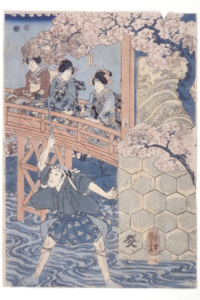 Bandō Hikosaburō IV en tant que Ashikaga Yoshimasa et Ichikawa Kodanji IV en tant que Asakura Tōgo de la pièce de Kabuki, Higashiyama Sakura Sōshi - Utagawa Kuniyoshi
