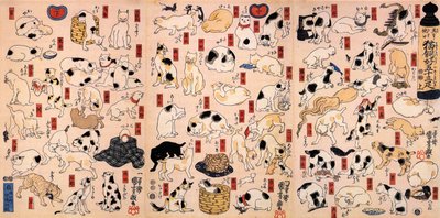 Chats. De la série Cinquante-trois stations du Tokaido Triptyque, vers 1848 - Utagawa Kuniyoshi
